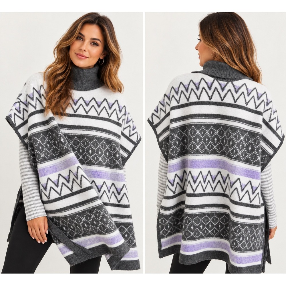 Aerie Fair Isle Turtleneck Poncho Sweater Grey Purple White Side Tie Medium